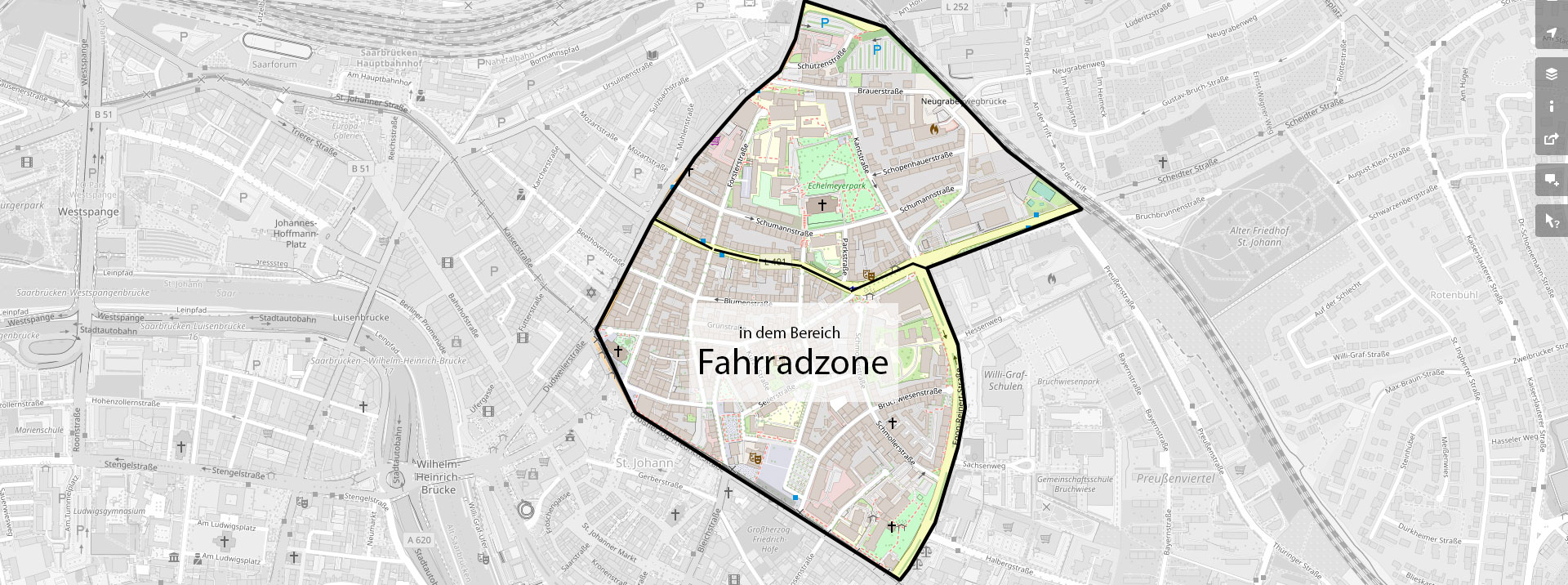 Die Fahrradtone im Nauwieser Viertel Saarbrücken Saarland südlicher Teil. Im nördlichen Distrikt ist derzeit keine Fahrradzone